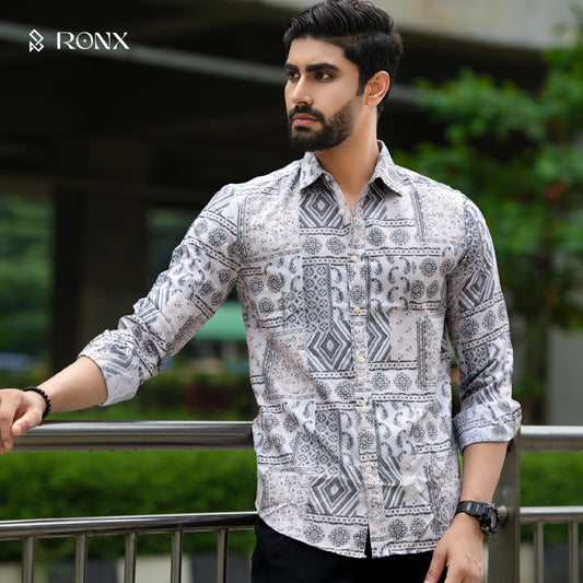 Geometric Printed Casual Shirt - Ash White
