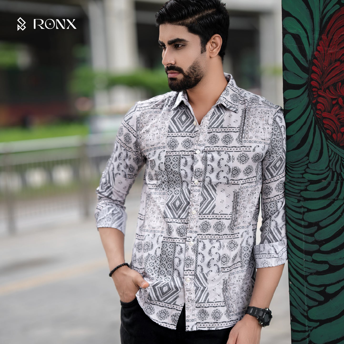 Geometric Printed Casual Shirt - Ash White