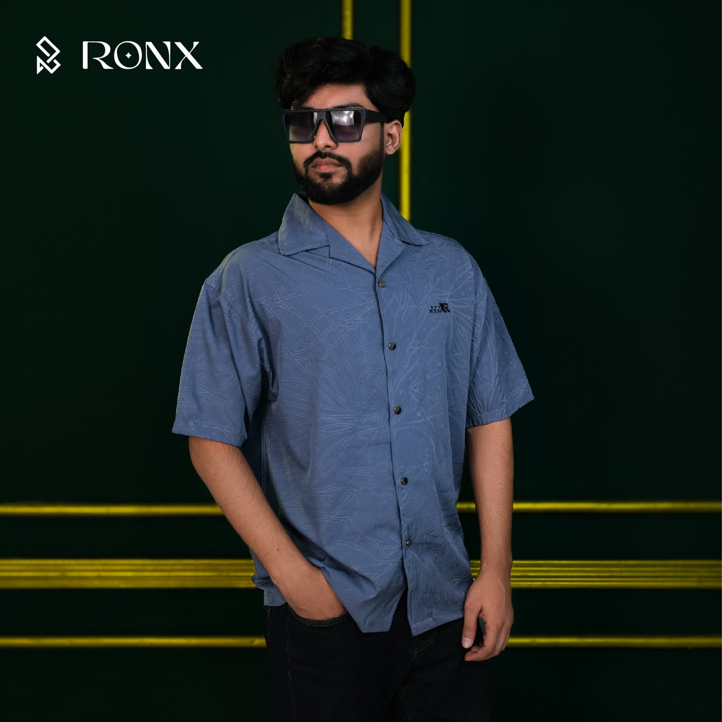 Chinese Soft Carved Fabrics Half Shirt - Steel Blue