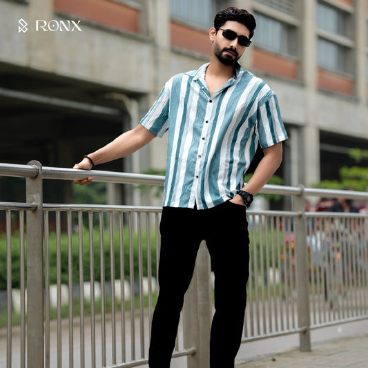 Chinese Soft Popcorn Fabrics Half Shirt - Stone Blue