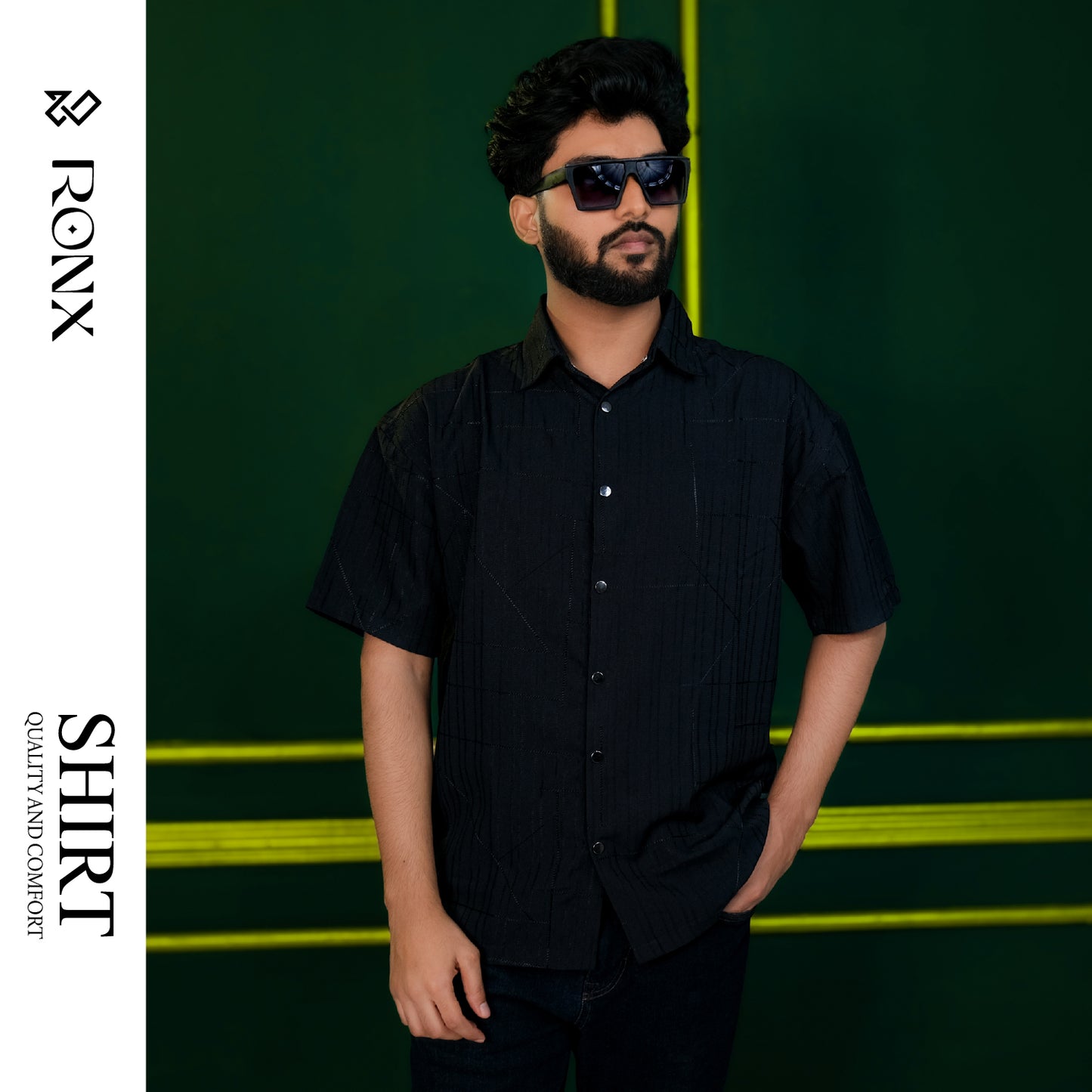 Chinese Soft Cotton Chain Fabrics Half Shirt - Black
