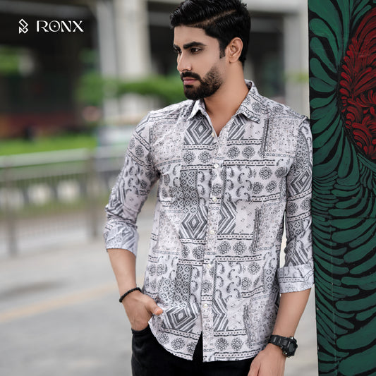 Geometric Printed Casual Shirt - Ash White