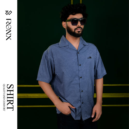 Chinese Soft Carved Fabrics Half Shirt - Steel Blue