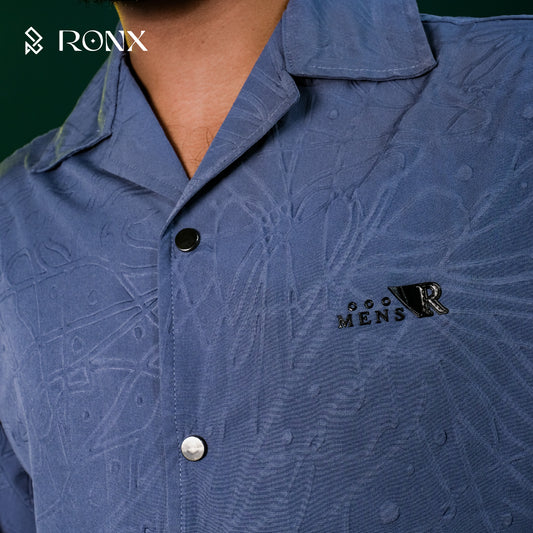 Chinese Soft Carved Fabrics Half Shirt - Steel Blue