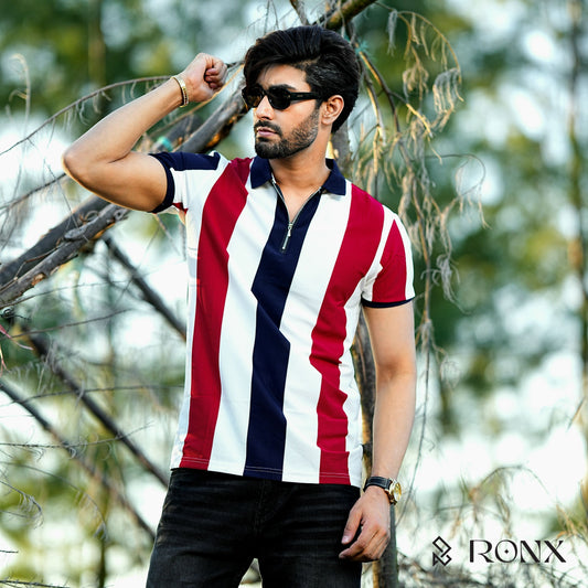 Multicolour Stripe Zip Neck Polo Shirt